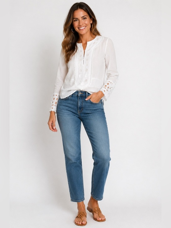 Tory Burch Tops - Tory Burch 100% Cotton Long Sleeve embroidered Top 2 XS white Shirt Blouse
